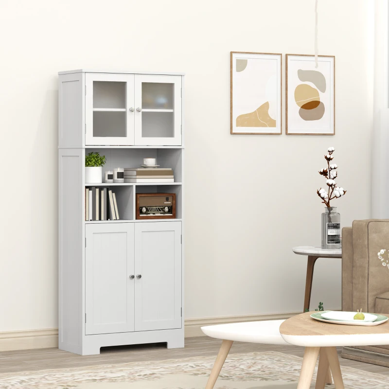 HOMCOM 57" Kitchen Pantry, Freestanding Pantry Storage Cabinet with Glass Doors, Adjustable Shelves, Open Compartments, White