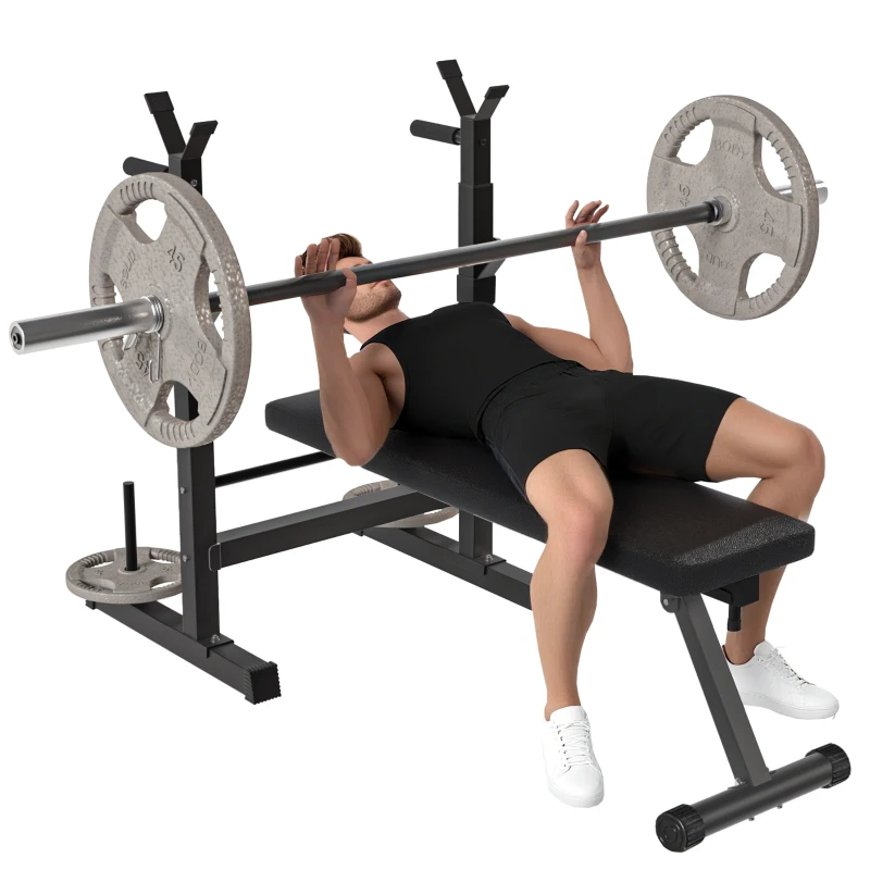 Soozier Adjustable Weight Bench, Foldable Bench Press with Barbell Rack and Dip Station for Home Gym, Strength Training Multiuse Workout Bench, Black