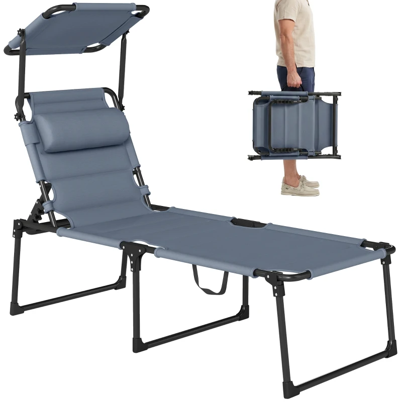 Outsunny Outdoor Lounge Chair, 4 Position Adjustable Backrest, Folding, Cushioned w/ Sun Shade Roof & Pillow, Gray