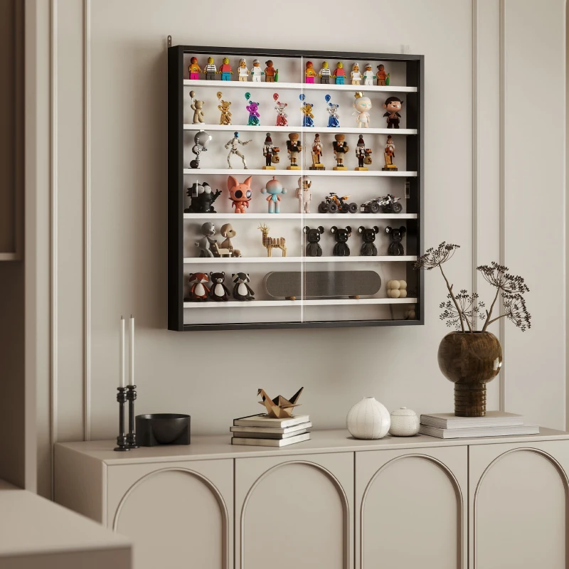 HOMCOM 7-Tier Display Cabinet, Shot Glass Display Case, Glass Curio Cabinet with Glass Doors, Black and White