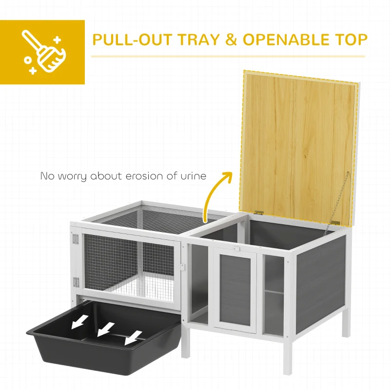PawHut Rabbit Hutch, Wooden Guinea Pig Cage with Run, Openable Top, Pull Out Tray and Ramp, Water-Resistant Roof, Grey