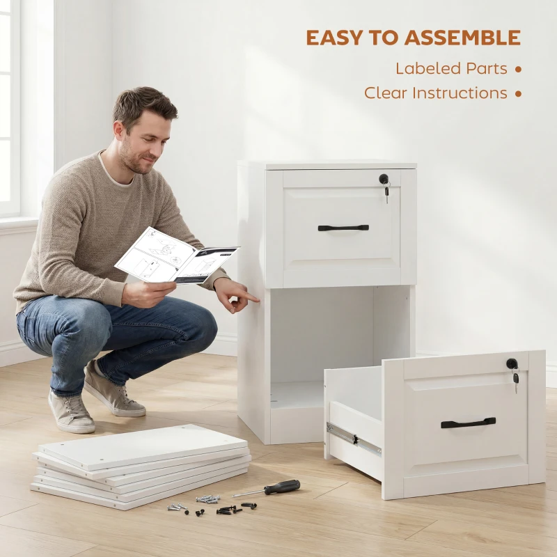 HOMCOM 2 Drawer File Cabinet with Lock, Vertical Filing Cabinet with Adjustable Hanging Bars for A4 and Letter Size, White
