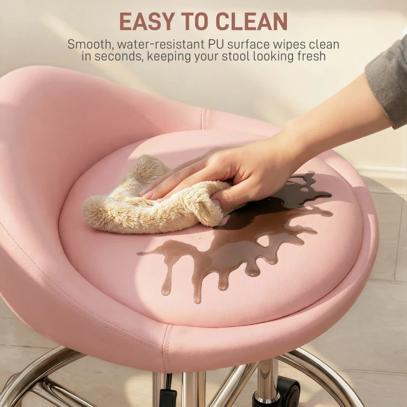 HOMCOM PU Leather Rolling Stool, Height Adjustable Swivel Salon Chair with Backrest and Foot Rest for Spa, Tattoo, Pink