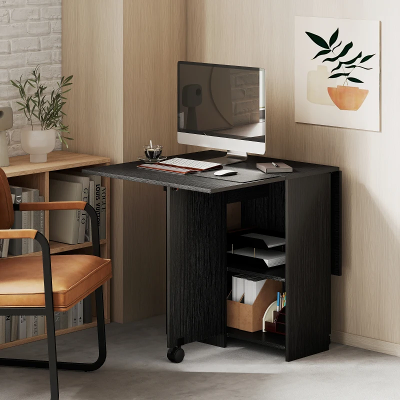 HOMCOM Folding Dining Table with Storage, Drop Leaf Kitchen Table with Drawer and Shelves for Small Spaces, Black