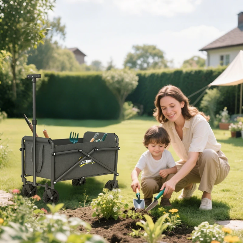 Outsunny Small Collapsible Folding Garden Cart, Heavy Duty Lawn Wagon with Universal Wheels and Adjustable Handle, Grey
