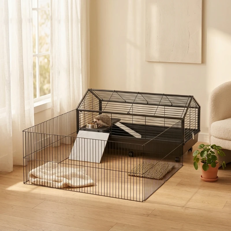 PawHut Small Animal Playpen Cage with Rolling Caster, Water Bottle 46.5"