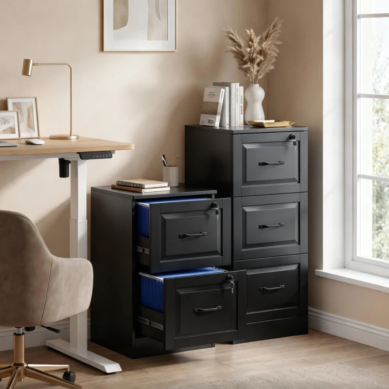 HOMCOM 3 Drawer File Cabinet with Lock, Vertical Filing Cabinet with Adjustable Hanging Bars for A4 and Letter Size, Black