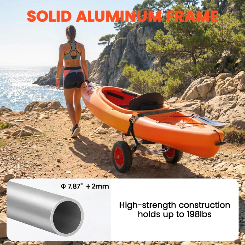 Soozier 198LBS Kayak Cart, Foldable Canoe Trolley Cart, Kayak Trailer with Tie-Down Strap, 10'' No-Flat Wheels and Aluminum Frame, Silver