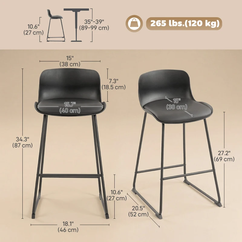 HOMCOM Modern Bar Stools Set of 2, PU Leather Barstools, Counter Height Kitchen Chairs for Breakfast Bars, Dining Room, Black