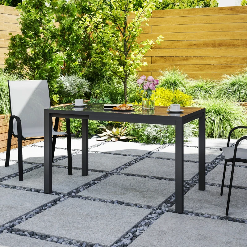 Outsunny Extendable Patio Dining Table, 33.5"-49.2" Adjustable Outdoor Dining Table for 4-6 Person, with Tempered Glass Top, Metal Frame, for Lawn, Garden, Dark Grey