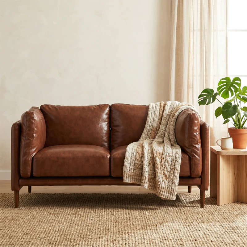 HOMCOM 59" Loveseat Sofa, PU Leather 2 Seater Sofa with Wide Seat, High-Density Foam, Thick Cushion, Wood Legs, Brown