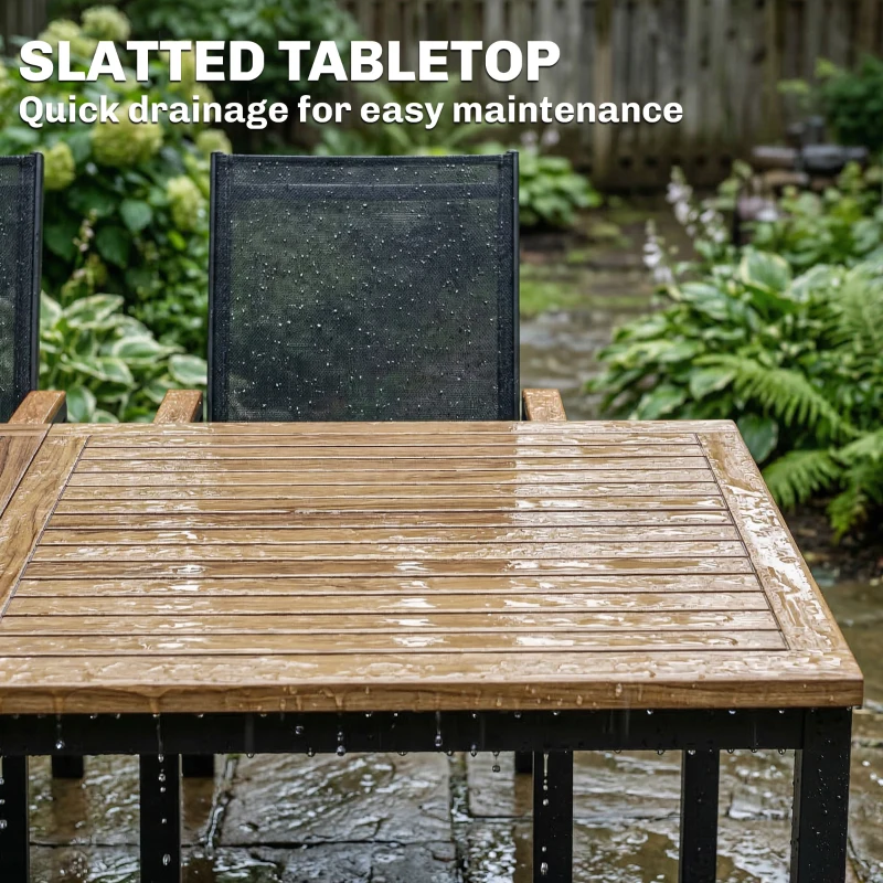 Outsunny 7 Piece Outdoor Dining Set, Rectangle Patio Table and 6 Mesh Chairs with Slatted Tabletop for Backyard, Deck, Garden