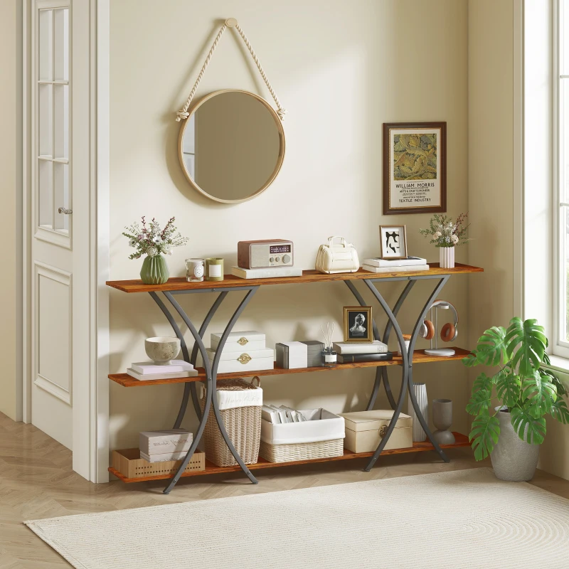 HOMCOM 71" Console Table, 3-Tier Industrial Entryway Table with 2 Storage Shelves for Living Room, Hallway, Rustic Brown