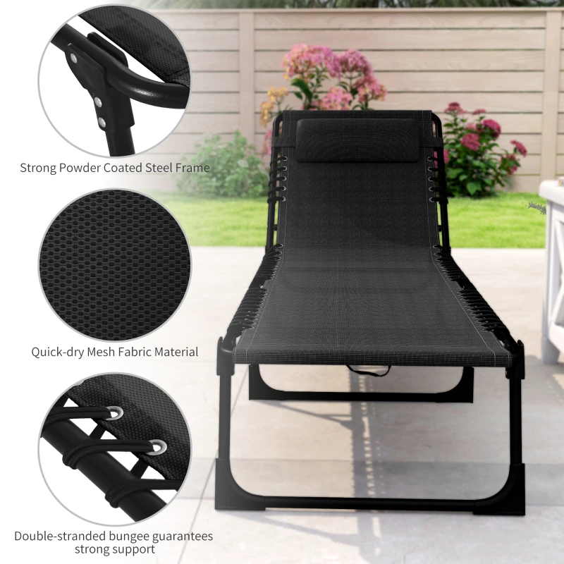 Outsunny Outdoor Folding Lounge Chair, 4-Level Adjustable Chaise Lounge with Headrest, Tanning Chair Beach Bed Reclining Lounger Cot for Camping, Hiking, Backyard, Black