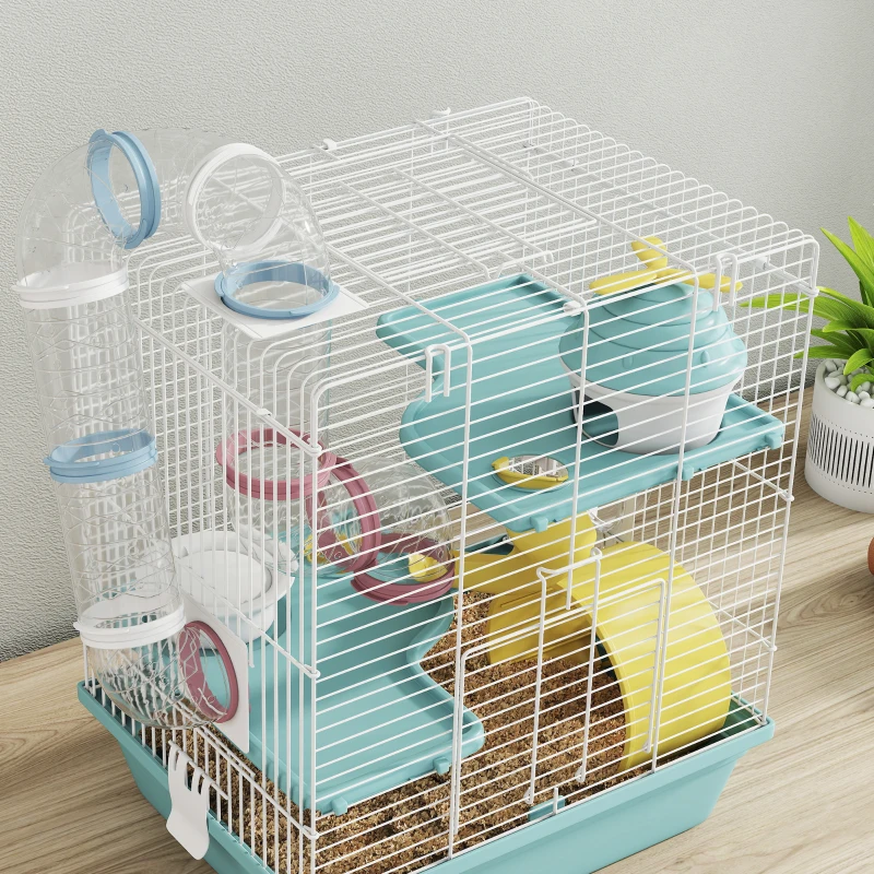 PawHut 3-Level Hamster Cage with Exercise Wheel, Play Tube, Water Bottle, Food Dish, Hut, Ladder, Blue
