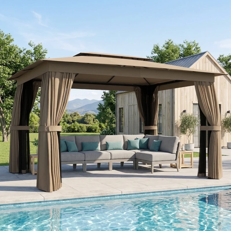 Outsunny 10' x 12' Outdoor Patio Gazebo, Soft Top Gazebo Canopy Shelter with Curtains, Netting, Steel Frame, Hooks, Khaki
