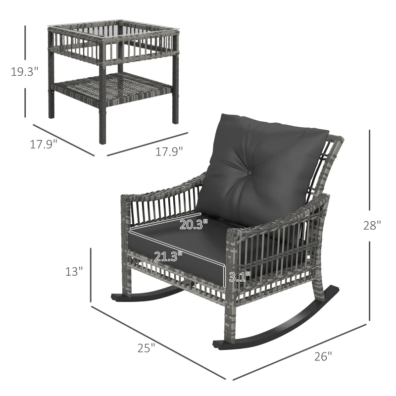 Outsunny 3 Piece Outdoor PE Rattan Rocker Chair Set, Rocking Chair with Tempered Glass Table Top, Gray
