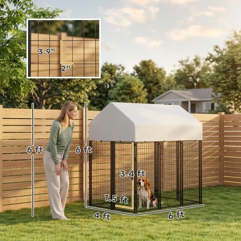 PawHut Outdoor Dog Kennel with Roof, 6' x 4' x 6' Heavy Duty Welded Wire Dog Playpen Enclosure with Escape-proof Lock