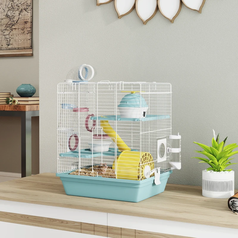 PawHut 3-Level Hamster Cage with Exercise Wheel, Play Tube, Water Bottle, Food Dish, Hut, Ladder, Blue