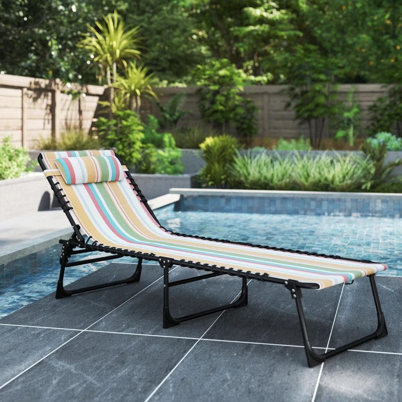 Outsunny Folding Chaise Lounge Pool Chair with 4-Position Reclining Back, Pillow, Breathable Mesh & Bungee Seat, Rainbow Striped