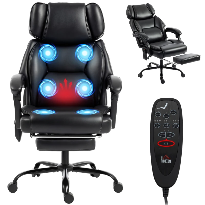 HOMCOM High Back Vibration Massage Office Chair Heated Reclining Computer Chair w/ Footrest, Swivel Wheels, Remote, Black