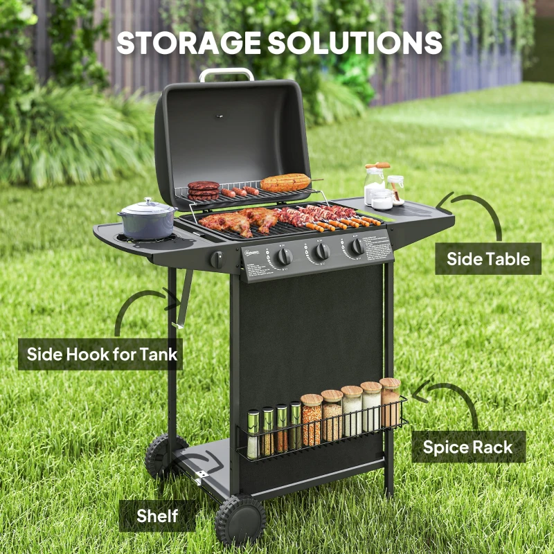 Outsunny 3+1 Burner Propane Gas BBQ Grill, Portable Gas Barbecue Grill with Side Burner, Thermometer, Lid, Side Table, Shelf, Spice Rack, Wheels, Grease Cup for Garden, Black