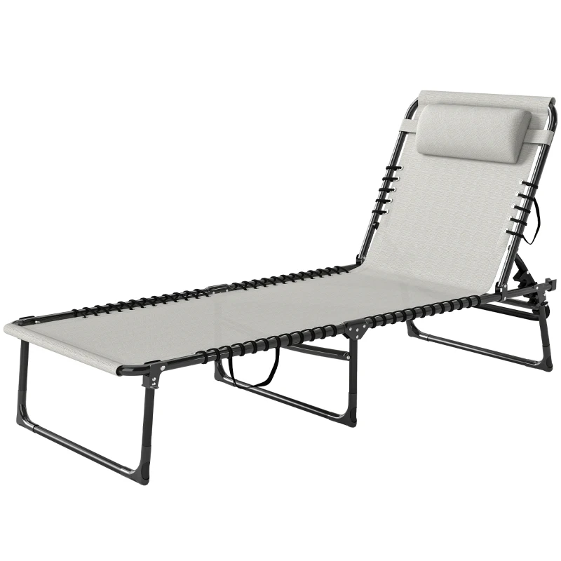 Outsunny Outdoor Folding Lounge Chair, 4-Level Adjustable Chaise Lounge with Headrest, Tanning Chair Beach Bed, Reclining Lounger Cot for Camping, Hiking, Backyard, Cream