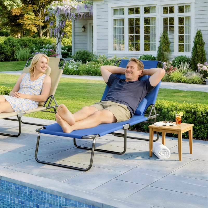 Outsunny Folding Chaise Lounge Chair, Reclining Beach Tanning Chair with Face Hole, Pillow, 4-Position Adjustable Lay Flat Sun Lounger, Steel Frame for Outdoor Patio Pool, Blue