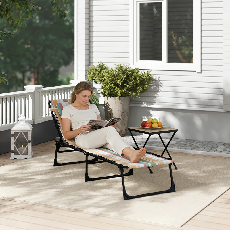 Outsunny Folding Chaise Lounge Pool Chair with 4-Position Reclining Back, Pillow, Breathable Mesh & Bungee Seat, Rainbow Striped