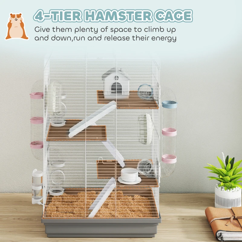 PawHut 4-Level Large Hamster Cage with DIY Tubes, Water Bottle, Food Dish, Hut, Exercise Wheels, Grey