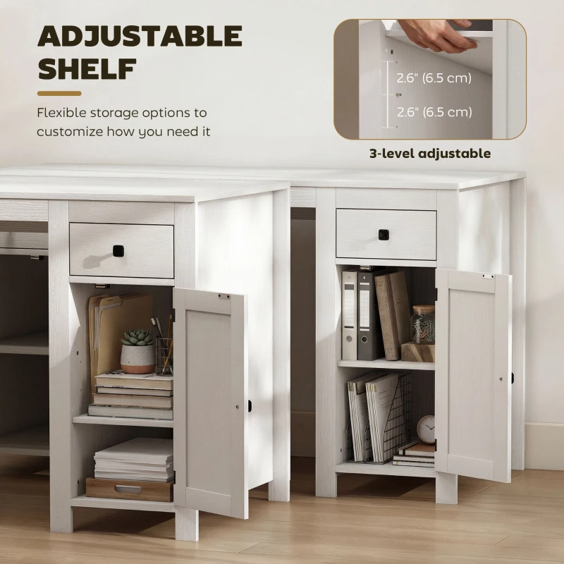 HOMCOM 53" Farmhouse Executive Desk, Computer Desk with Drawers and 2 Cabinets, Study Table for Home Office, White Wood Grain