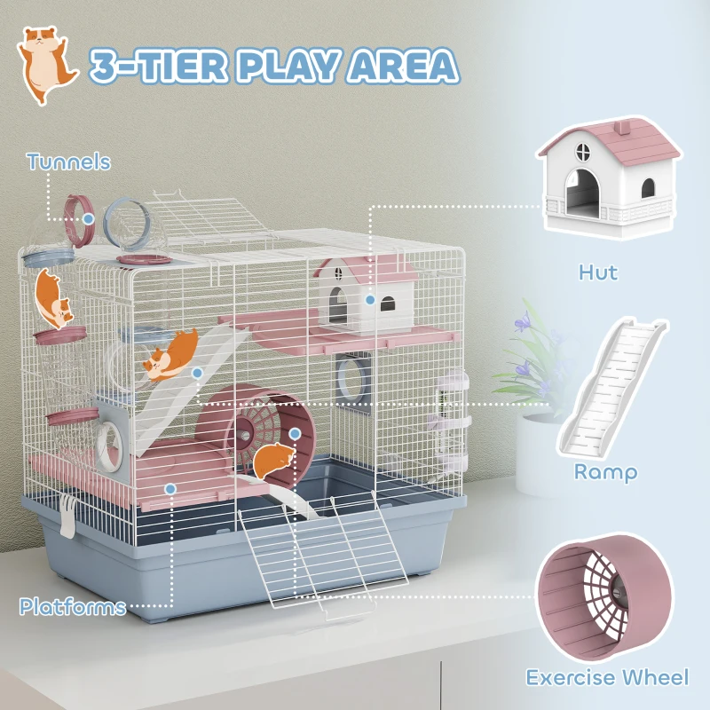 PawHut Hamster Cage, 3-Tier Small Animal Cage with Excerise Wheel, Food Bowl, Water Bottle, House, Tunnels, Ramps