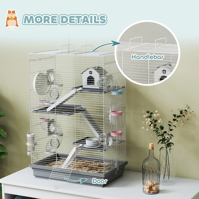 PawHut 4-Level Large Hamster Cage with DIY Tubes, Water Bottle, Food Dish, Hut, Exercise Wheels, Grey