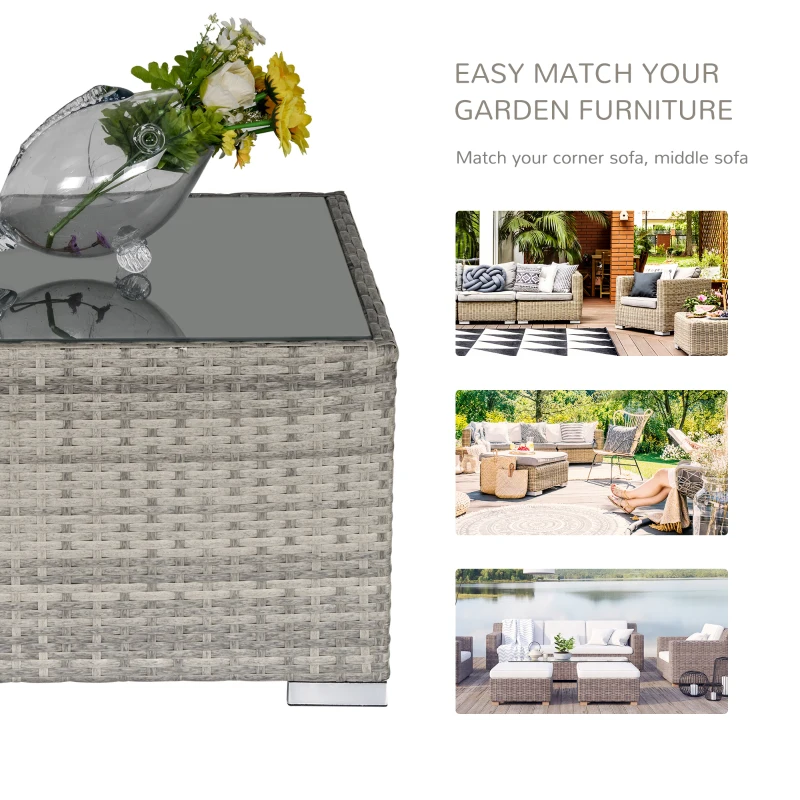 Outsunny Rattan Garden Coffee Table, 25.6" Square Garden Rattan Table with Tempered Glass Top, Grey