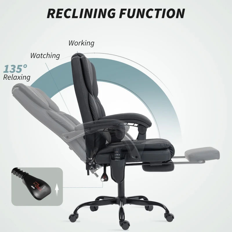 HOMCOM Office Chair with Massage, Pet-Friendly Faux Leather Reclining Desk Chair with Lumbar Support, Footrest, Black