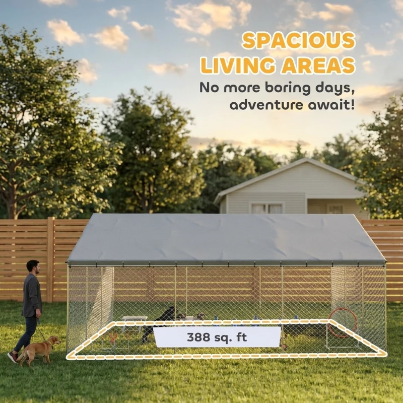 PawHut Heavy Duty Outdoor Dog Kennel with Waterproof Roof, Secure Latch, Chain Link Dog Run for Backyard, 19.7' x 19.7' x 8.9'