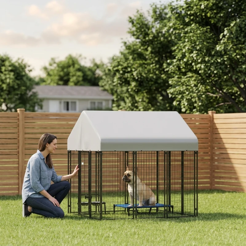 PawHut Outdoor Dog Kennel with Roof, 6' x 6' x 6' Heavy Duty Welded Wire Dog Playpen Enclosure with Escape-proof Lock