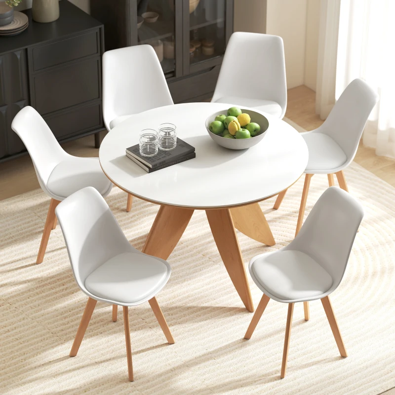 HOMCOM Modern Dining Table Chairs Set of 6, Rubber Wood Kitchen Table Chairs with PU Leather Cushion for Living Room, Bedroom