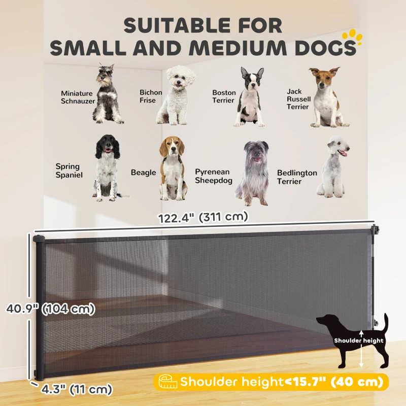 PawHut Retractable Dog Gate, 41" Tall,  Extends to 122" Wide, Mesh Pet Gate with Single Hand Operation, for Stairs, Doorways