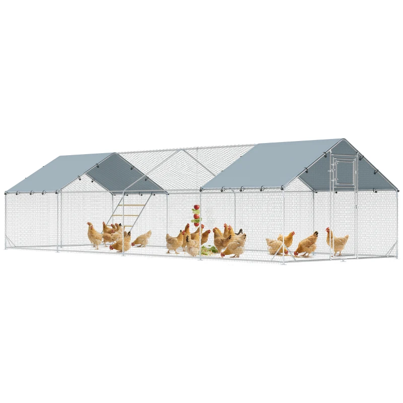 PawHut Metal Chicken Coop, 26' x 10' x 6.4' Large Chicken Run with Feeding Door, Waterproof Cover, Hanging Feeder, Perch