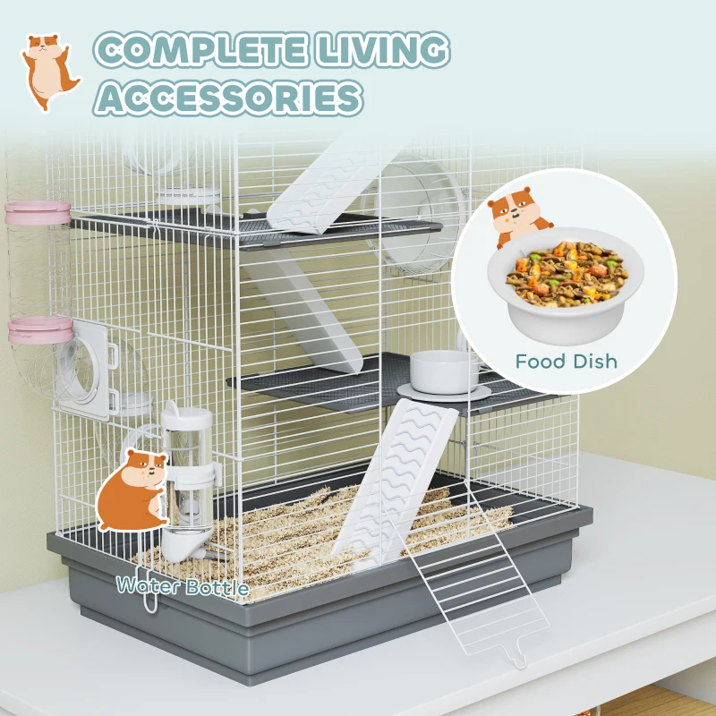 PawHut 4-Level Large Hamster Cage with DIY Tubes, Water Bottle, Food Dish, Hut, Exercise Wheels, Grey