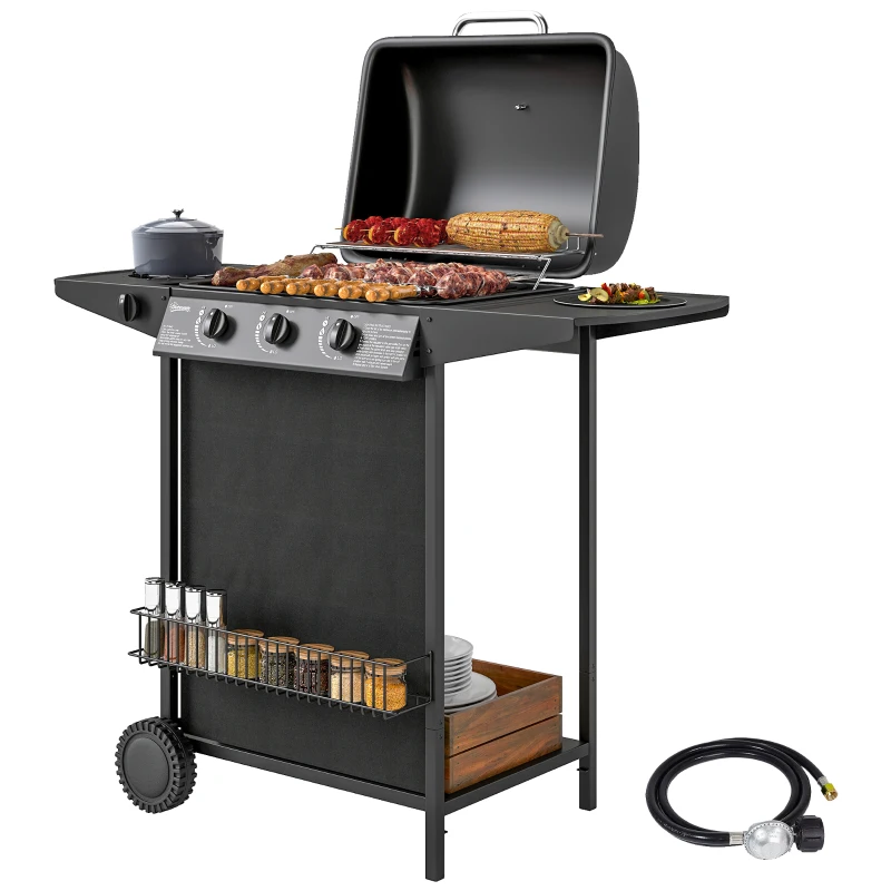 Outsunny 3+1 Burner Propane Gas BBQ Grill, Portable Gas Barbecue Grill with Side Burner, Thermometer, Lid, Side Table, Shelf, Spice Rack, Wheels, Grease Cup for Garden, Black