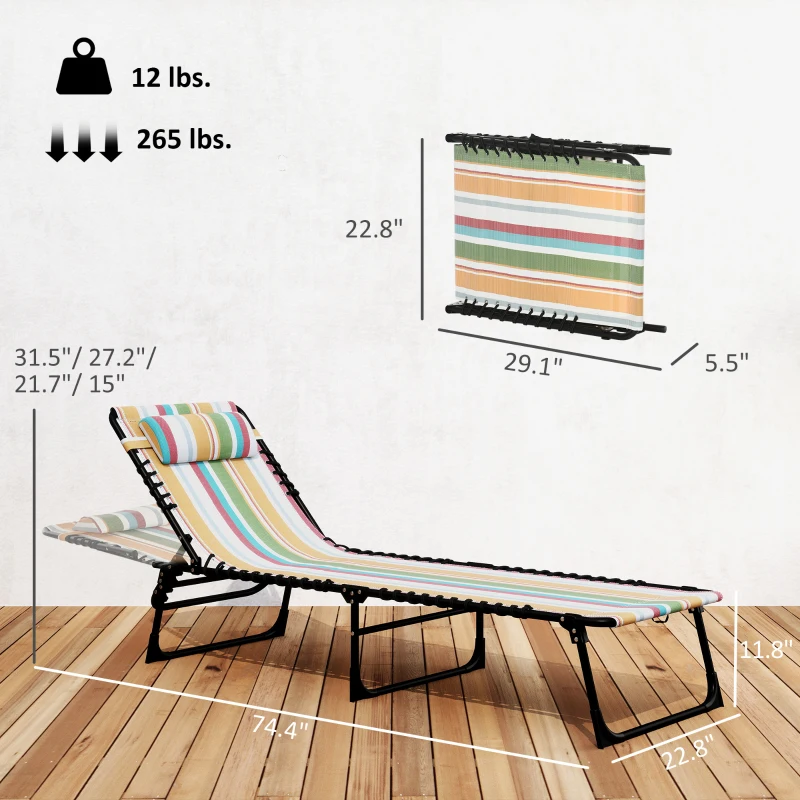 Outsunny Folding Chaise Lounge Pool Chair with 4-Position Reclining Back, Pillow, Breathable Mesh & Bungee Seat, Rainbow Striped