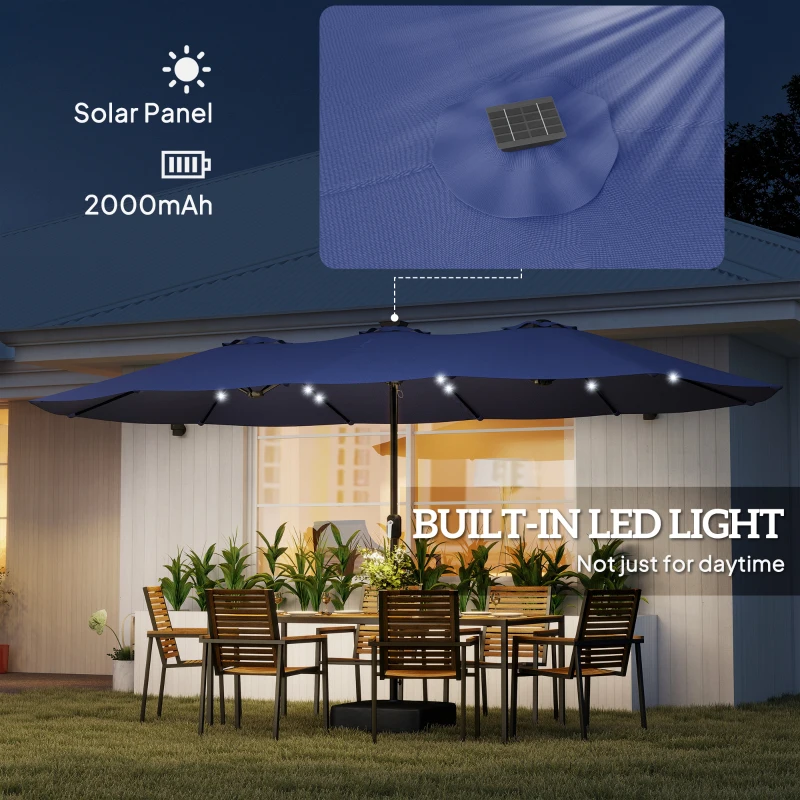 Outsunny Double-sided Patio Umbrella with Base Included & 48 LED Lights 15ft Dark Blue