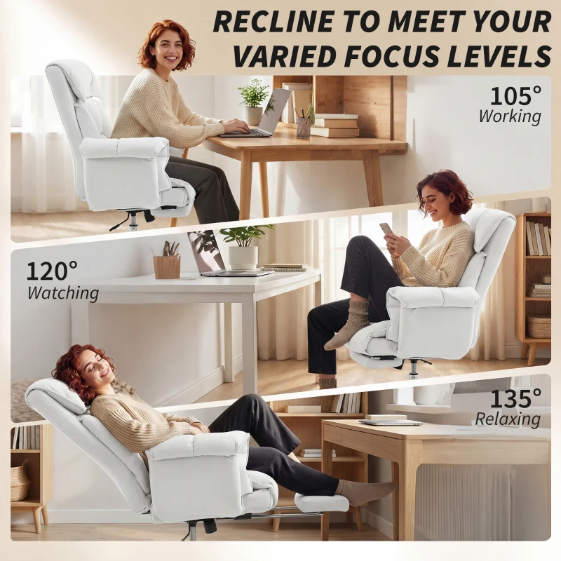 HOMCOM High Back Office Chair, Reclining Desk Chair with Footrest, High Resilience Foam, Rolling Wheels, Cream White