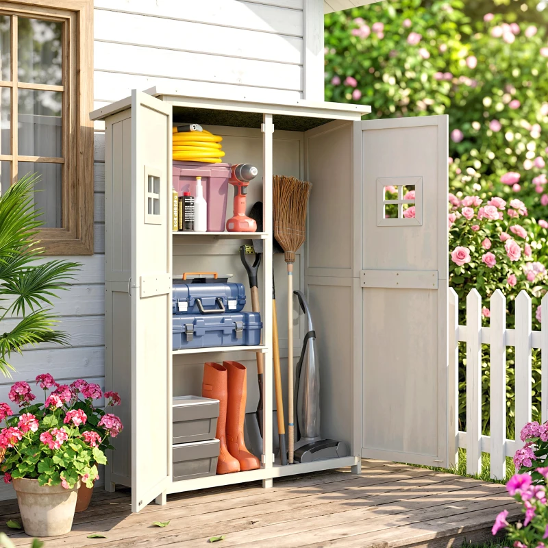 Outsunny 4x1.5ft Wooden Garden Sheds, Outdoor Storage with Windows and Double Door for Gardeners, Grey