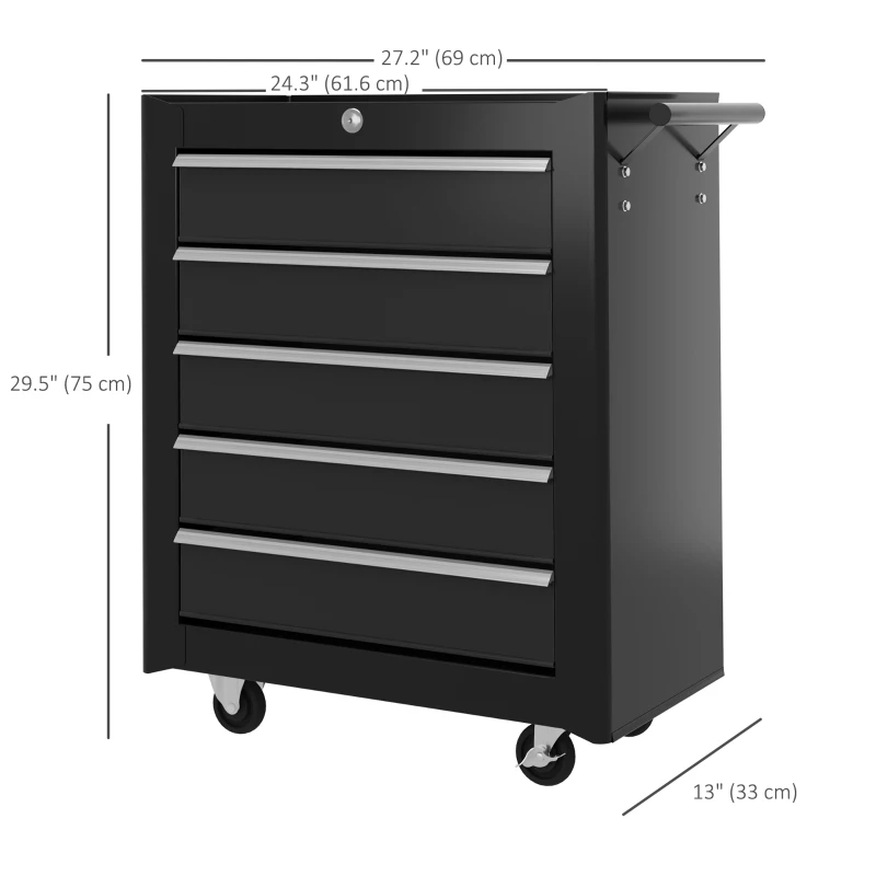 HOMCOM Rolling Tool Chest, 5-Drawer Lockable Tool Cabinet with 4 Wheels, Handle, Toolbox Storage Organizer for Garage, Workshop, Repair Shop, Black