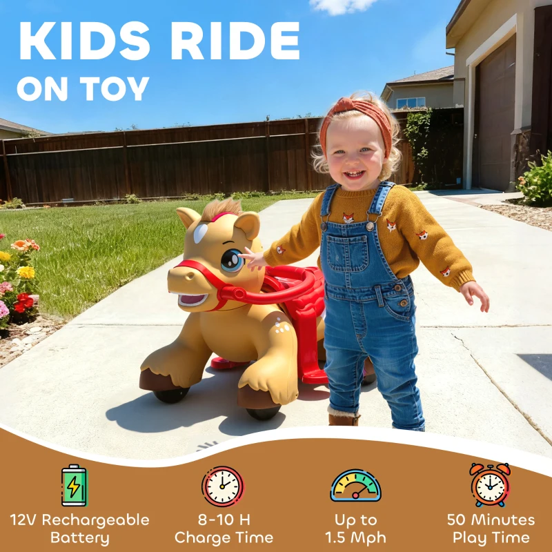 Qaba Ride On Horse Toy, 12V Battery Powered Ride on Toy with Carrot Toy, Comb and Sound, Electric Rocking Horse for Toddlers