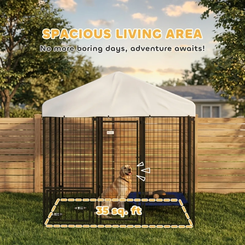PawHut 5.9' x 5.9' x 6' Outdoor Dog Kennel with Roof, Rotating & 4-Level Adjustable Bowls