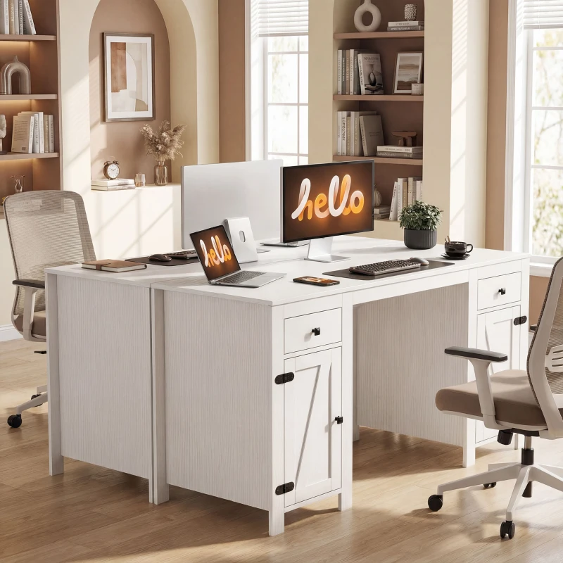HOMCOM 53" Farmhouse Executive Desk, Computer Desk with Drawers and 2 Cabinets, Study Table for Home Office, White Wood Grain